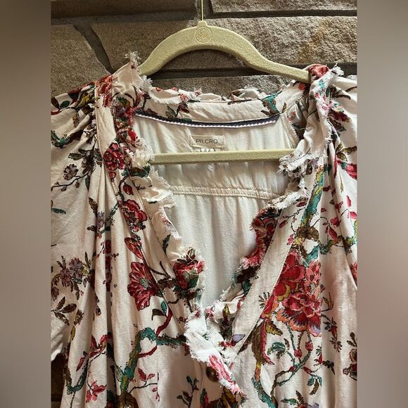 Anthropologie Pilcro Ruffle-Collar Buttondown Dress Cream Floral Boho Size 12 - Picture 9 of 16